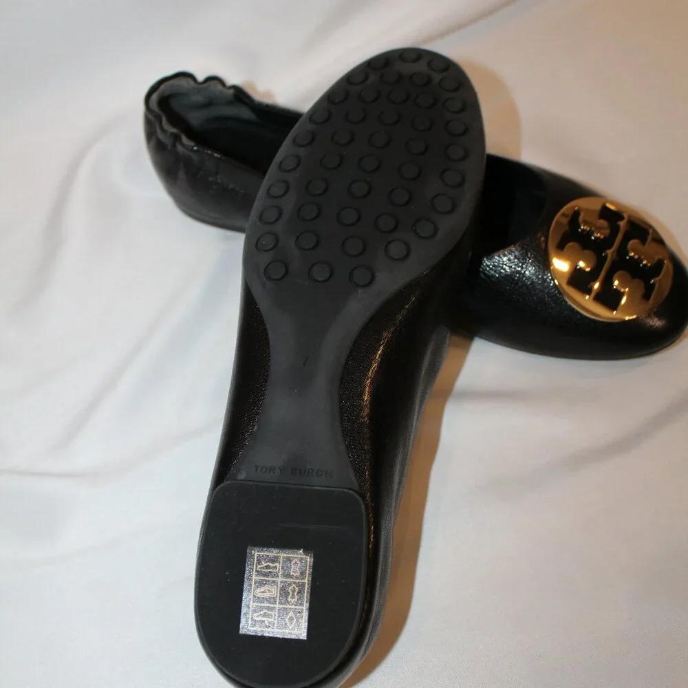 New TORY BURCH‎ CLAIRE LEATHER BLACK GOLD ACCENT BALLET FLAT